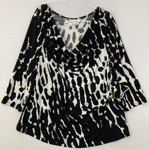 Calvin Klein size 3X Black White Abstract 3/4 Sleeve Cowl Neck Stretch Knit Top - Picture 1 of 10